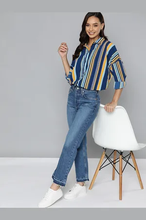 Mast & Harbour Women Navy Blue & Yellow Striped Drop-Shoulder Sleeves Casual Shirt