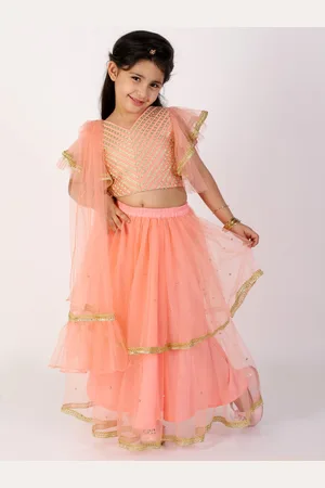 KID1 Girls Peach-Coloured & Gold-Toned Embellished Ready to Wear Lehenga & Blouse With Dupatta
