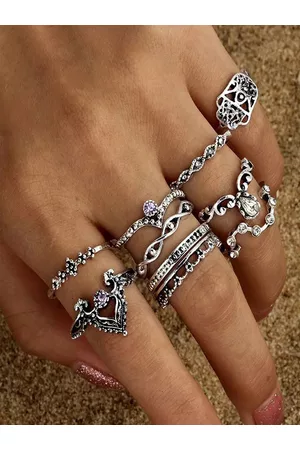 Shining Diva Women Set Of 10 Silver-Plated Crystal-Studded Fingers Rings