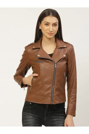 Leather Retail Women Brown Solid Lightweight Biker Jacket