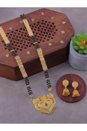 Brandsoon Gold-Plated Black Beaded Mangalsutra With Earrings