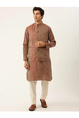 SOJANYA Men Maroon & Off-White Woven Design Kurta with Pyjamas & Nehru Jacket