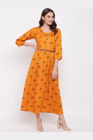 Mayra Women Mustard Yellow Floral Print Fit and Flare Dress