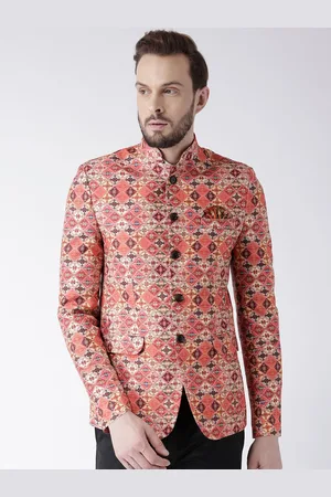 Hangup Men Peach Printed Bandhgala Blazer