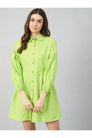 ATHENA Women Fluorescent Green Cotton Shirt Dress