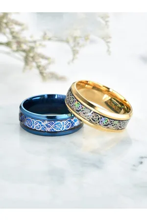 Yellow Chimes Men Set Of 2 Blue & Gold-Plated Dragon Celtic Signet Finger Rings