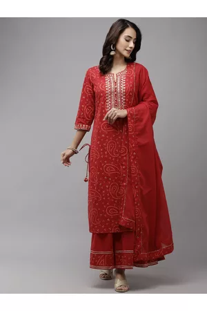 Ishin Women Red Bandhani Embroidered Regular Aari Work Pure Cotton Kurta with Sharara & With Dupatta