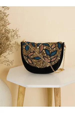 FABBHUE Gold-Toned Embellished Velvet Half Moon Sling Bag