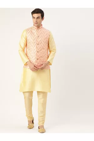 SOJANYA Men Golden & Peach-Coloured Solid Kurta with Churidar & Nehru Jacket