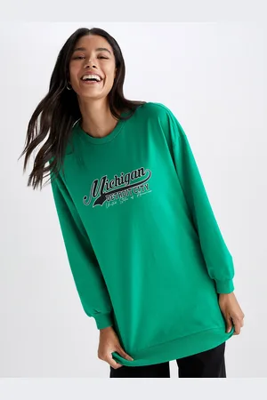 DeFacto Women Green Typography Printed Longline Pullover