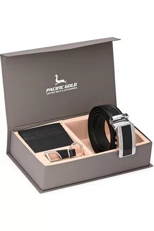 Pacific Men Black & Silver-Toned Genuine Leather Accessory Gift Set
