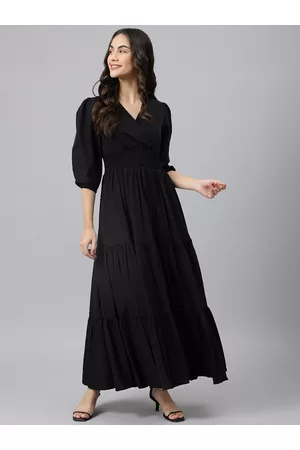 DEEBACO Women Black A-Line Tiered Maxi Dress