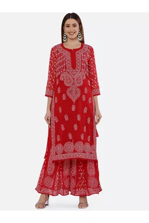 FAWOMENT Red Hand Embroidered Chikankari Kurta with Sharara & Straight Slip