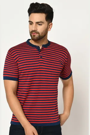 Duke Men Red Striped Henley Neck Slim Fit T-shirt