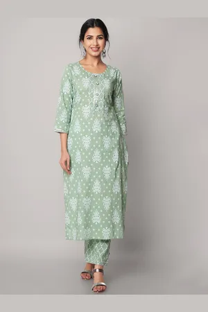 God Bless Women Green Floral Printed Gotta Patti Pure Cotton Kurta with Trousers