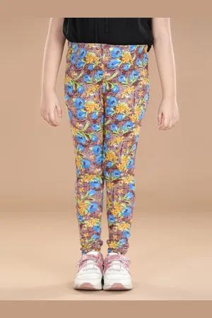 StyleStone Girls Grey & Blue Floral Printed Cotton Jeggings