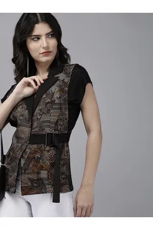 KASSUALLY Women Black & Brown Self-Designed Knotted Waistcoat