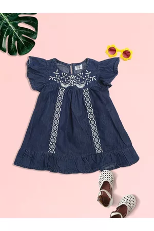 MeeMee Girls Blue Floral Embroidered A-Line Cotton Dress