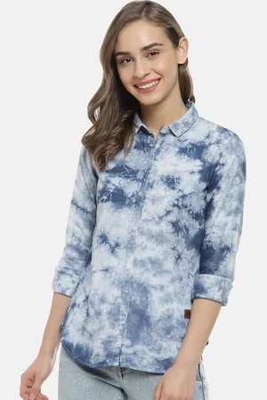 Campus Women Blue Classic Regular Fit Printed Casual Denim Shirt