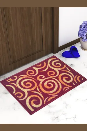 Athom Trendz Set Of 3 Maroon & Yellow Patterned Anti Skid Latex Backing Rectangular Door Mats