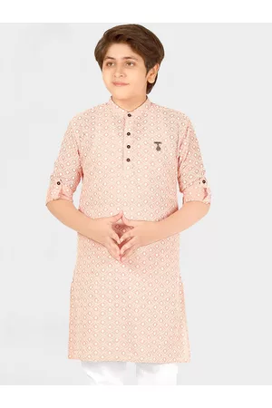 CAVIO Boys Pink & White Embroidered Thread Work Kurta with Pyjamas