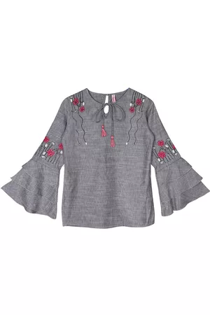 Ishin Grey Floral Embroidered Tie-Up Neck Regular Top