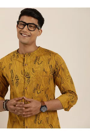 Taavi Men Mustard Yellow & Black Bagru Hand Block Print Pure Cotton Casual Shirt