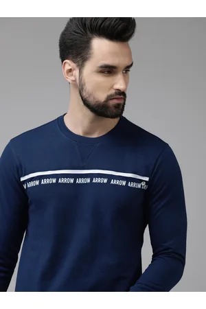Arrow Men Navy Blue Brand Logo Print & Striped Knitted Sweatshirt