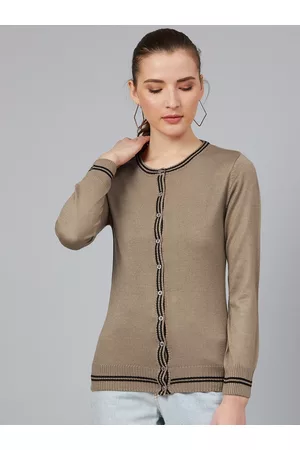 Cayman Women Beige Solid Cardigan Sweater With Contrast Stripe Detail