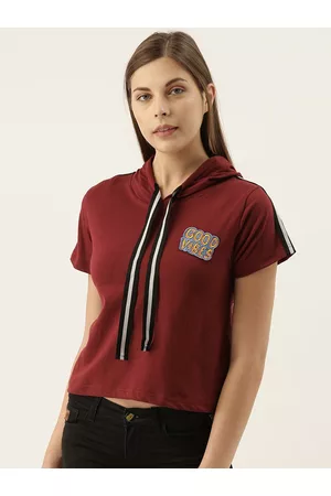 Campus Women Maroon Solid Hooded Pure Cotton T-shirt with Applique Detail