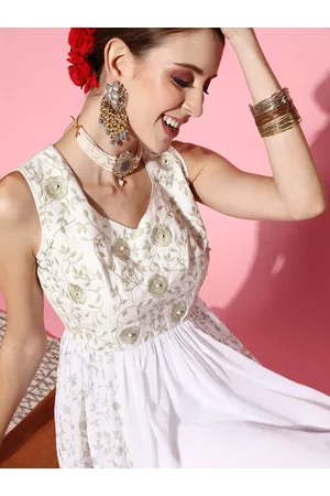 Inddus Women White Floral Ethereal Embroidery Dress
