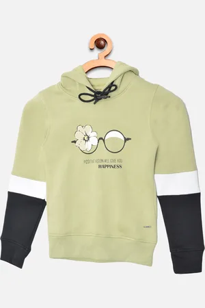 Crimsoune Club Girls Olive Green Printed Hooded Sweatshirt