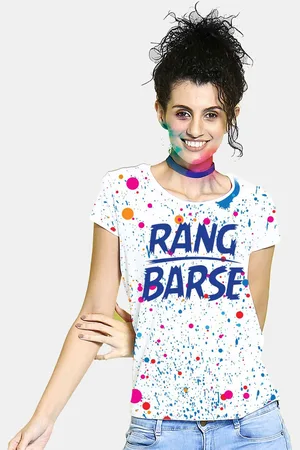 BonOrganik Women White Rang Barse Printed Holi T-shirt