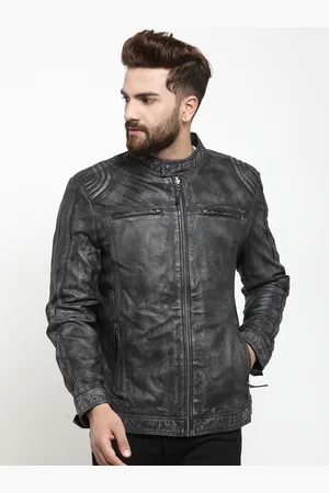 Teakwood Leathers Men Charcoal Grey Solid Leather Biker Jacket