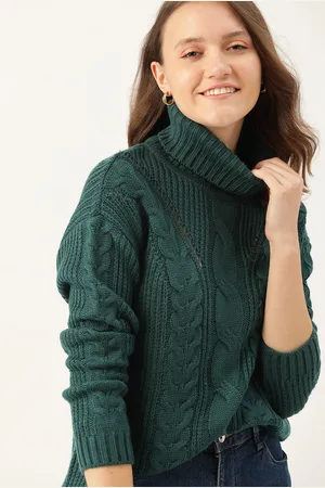Dressberry Self Design V Neck Casual Women Dark Green Sweater