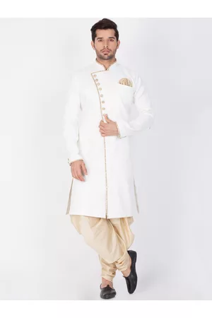Vastramay Men White & Gold-Coloured Solid Slim-Fit Sherwani Set