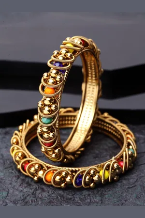 Shining Diva Set of 2 Gold-Plated & Orange Stoned-Studded Bangles