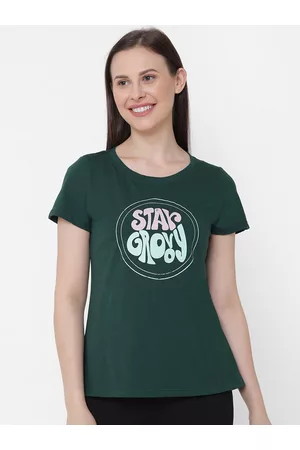 Soie Women Green & Pink Solid Lounge T-Shirt
