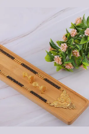 Brandsoon Gold-Plated & Black Beaded Traditional Mangalsutra With Earrings