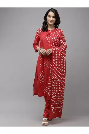 Ishin Women Red Bandhani Printed Regular Kurta with Trousers & With Dupatta