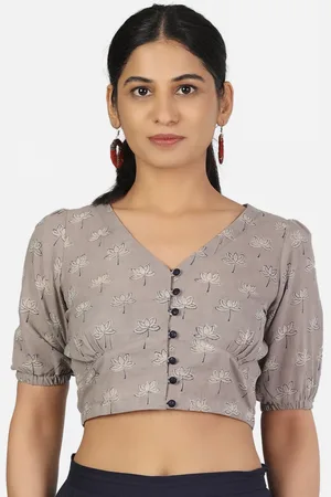 Llajja Women Grey Printed Pure Cotton Non Padded Saree Blouse