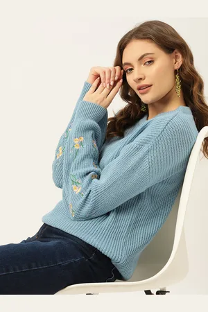 DressBerry Women Blue Knitted Pullover with Embroidered Detail