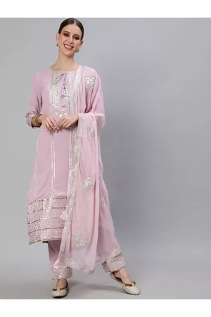 Ishin Women Purple Ethnic Motifs Embroidered Regular Gotta Patti Kurta with Trousers & With Dupatta