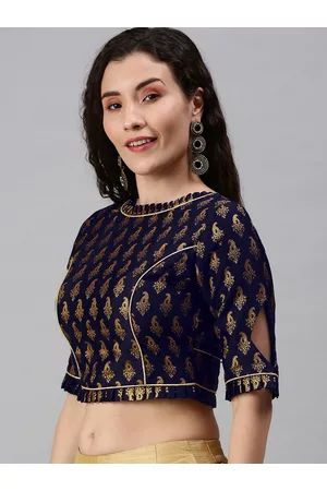 flaher Women Navy Blue & Golden Woven Saree Blouse