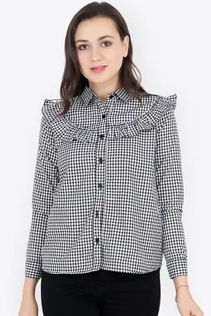 Cation Women Black & White Regular Fit Checked Casual Shirt
