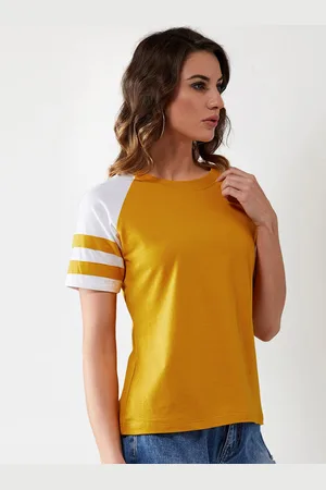 Miss Chase Women Mustard Yellow White Colourblocked Round Neck Pure Cotton T-shirt