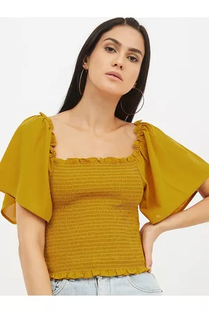 Harpa Women Mustard Yellow Solid Smocked Top