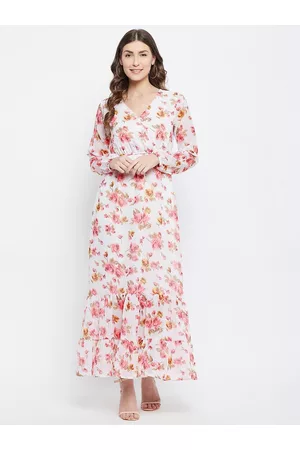 Color Cocktail White Floral Printed Georgette A-Line Maxi Dress