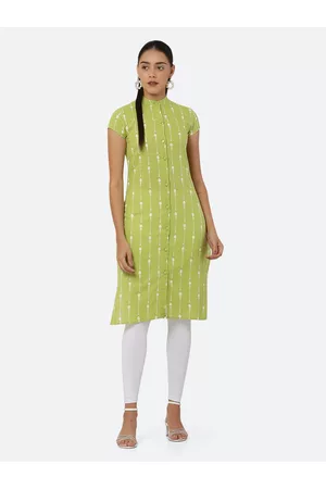 See Designs Women Green & White Pure Cotton Khari Print Straight Kurta