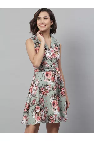 KASSUALLY Women Green & White Printed A-Line Dress